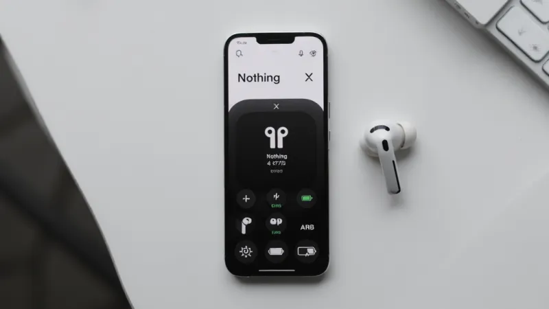 主视觉图,居中构图,展示一部智能手机屏幕亮起,屏幕内是“Nothing X”App的主界面,界面以黑白极简风格为主,显示耳机连接状态和电池电量,手机旁边摆放着一副Nothing Ear系列白色耳机,背景为浅灰色桌面,干净整洁,风格现代科技感,细节清晰,画质干净无多余元素。