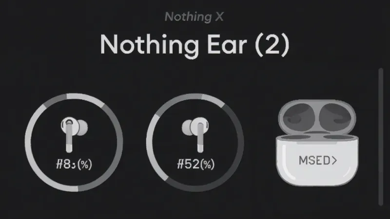 功能截图风格图片,展示“Nothing X”App的设备管理页面,页面顶部显示Nothing Ear (2)耳机名称,下方有三个圆形电量图标分别显示左耳、右耳和充电盒的剩余电量百分比,界面采用深色主题,文字为白色,整体布局简洁清晰,风格扁平化,细节丰富,画质干净无多余元素。