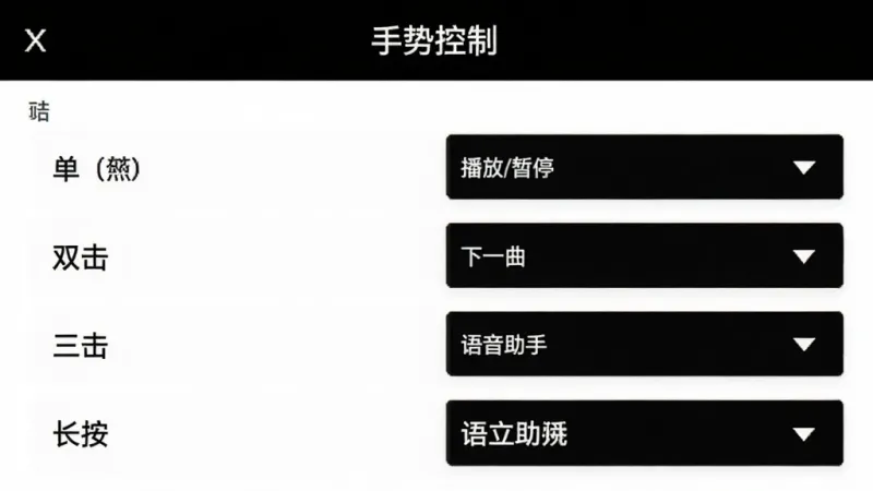 界面展示图,展示“Nothing X”App中的手势自定义设置页面,页面标题为“手势控制”,下方有单击、双击、三击、长按等选项,每个选项右侧有下拉菜单选择对应功能,如播放/暂停、下一曲、语音助手等,界面为黑白极简风格,文字清晰,布局工整,风格现代,画质干净。