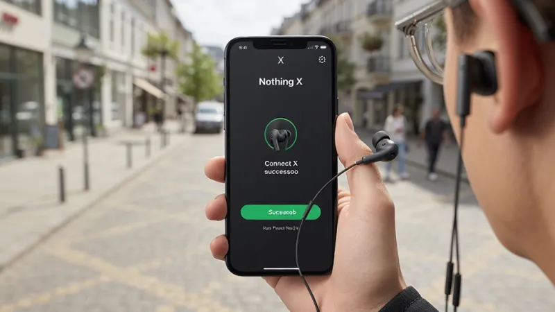 使用场景示意图,展示一个人手持手机,手机屏幕显示“Nothing X”App的连接成功界面,耳机佩戴在耳朵上,背景是户外街道,风格自然,细节清晰,画质干净。