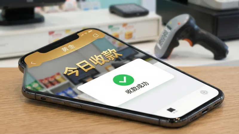 一张智能手机屏幕特写,手机横屏放置在木质桌面上,屏幕中显示应用“黄金”的主界面,界面顶部有“今日收款”金色大字,下方清晰展示绿色对勾样式的“收款成功”提示卡片,背景是虚化的店铺收银台和扫码枪,整体风格明亮干净,写实摄影风格,细节清晰,画质干净无多余元素