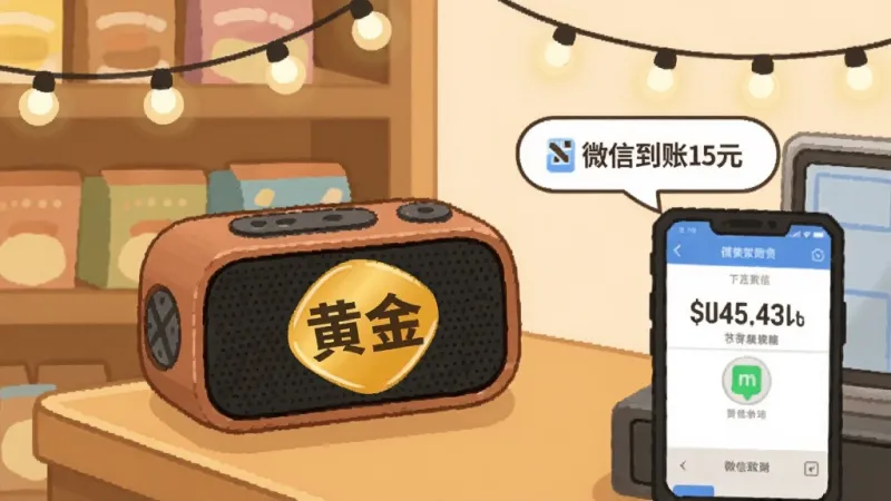 店铺收银台一角,蓝牙小音箱上贴着“黄金”字样贴纸,旁边手机屏幕显示收款金额,文字气泡写着“微信到账15元”,背景是货架和灯泡串,暖色调,插画风格,构图简洁,细节丰富,画质干净无多余元素
