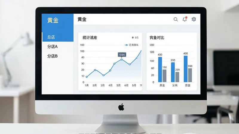 电脑屏幕显示“黄金”后台管理界面,左侧栏列出“总店”、“分店A”、“分店B”,右侧展示折线统计图和柱状对比图,风格为现代扁平UI设计,主色调蓝白,界面布局清晰,细节标注易懂,画质干净无多余元素
