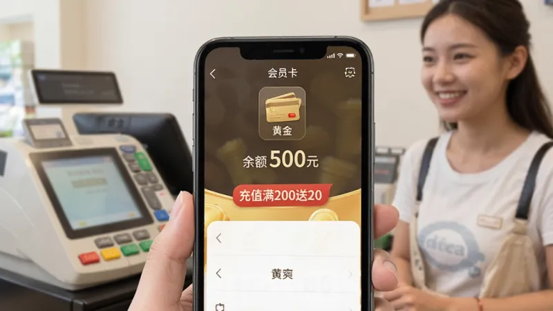 手机界面展示“黄金”的会员储值页面,顶部有“会员卡”图标,显示“余额 500元”,下方有“充值满200送20”的红色标签,背景是收银台和微笑的顾客,真实摄影风格,浅景深,色彩自然,画质干净无多余元素