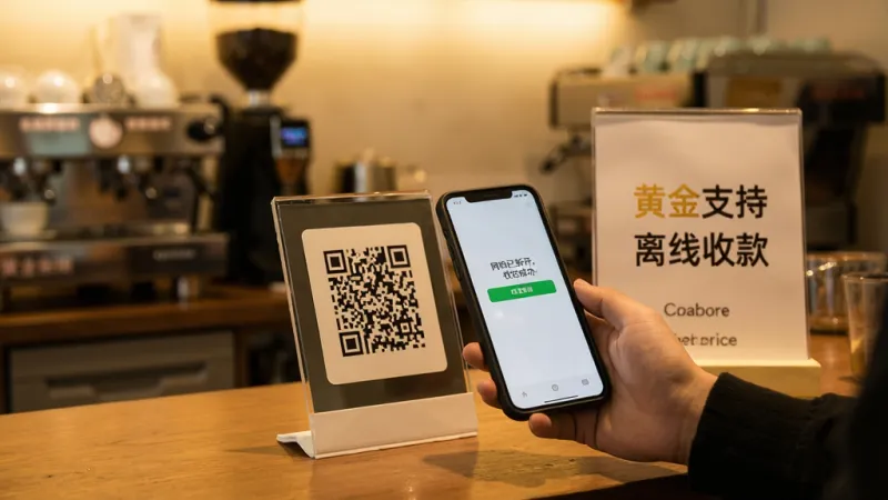 咖啡店内顾客扫描台面上的二维码,旁边立牌写着“黄金支持离线收款”,手机屏幕显示“网络已断开,收款成功”的字样,风格写实,暖光环境,构图平衡,细节清晰,画质干净无多余元素