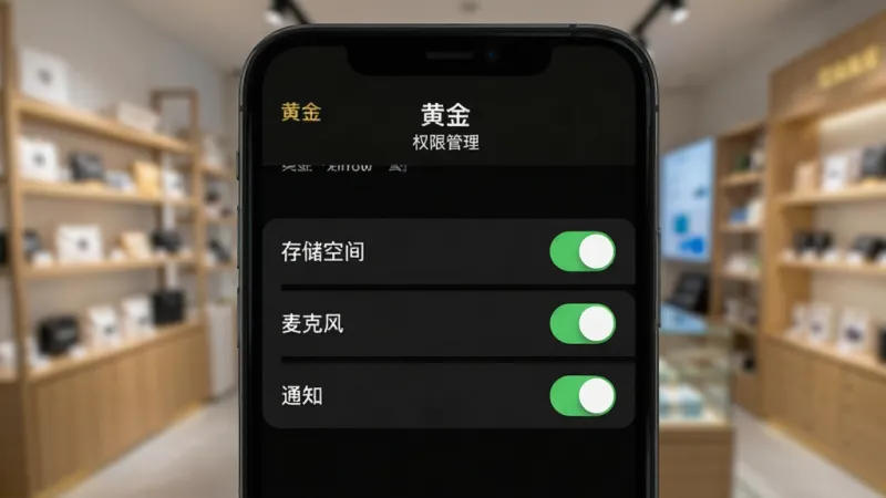 手机设置界面截图,显示“黄金”应用权限管理页面,有“存储空间”、“麦克风”、“通知”三个开关全部为开启状态,背景虚化为店铺环境,风格清晰写实,文字标签可读性强,画质干净无多余元素