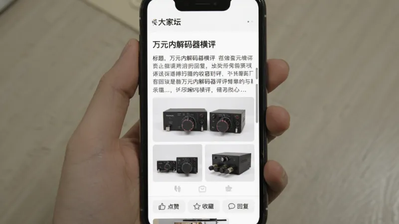 帖子内容详情页，屏幕显示“大家坛”的精华帖文章，标题为“万元内解码器横评”，正文有文字和器材图片，页面底部有“点赞”“收藏”“回复”按钮，界面阅读模式舒适，字体清晰，背景白色，风格简洁，画质干净