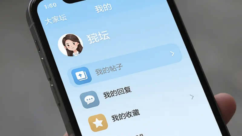 个人中心界面，手机屏幕显示“大家坛”的“我的”页面，顶部是用户头像和昵称，下面有“我的帖子”“我的回复”“我的收藏”等菜单，背景浅蓝色，图标为圆角矩形，布局清晰，风格简洁，画质干净