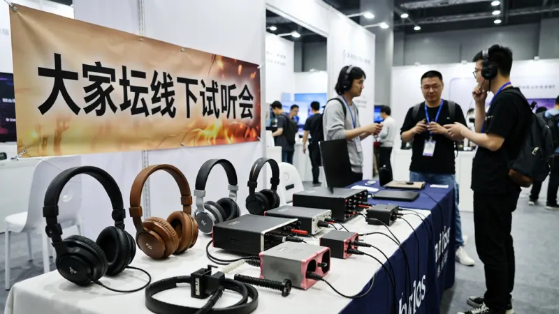 线下活动宣传图，画面中一张桌子上摆满了各种耳机和耳放器材，旁边有“大家坛线下试听会”的横幅，背景是明亮的展厅，有几个人在试听交流，氛围热闹，摄影风格，画质清晰