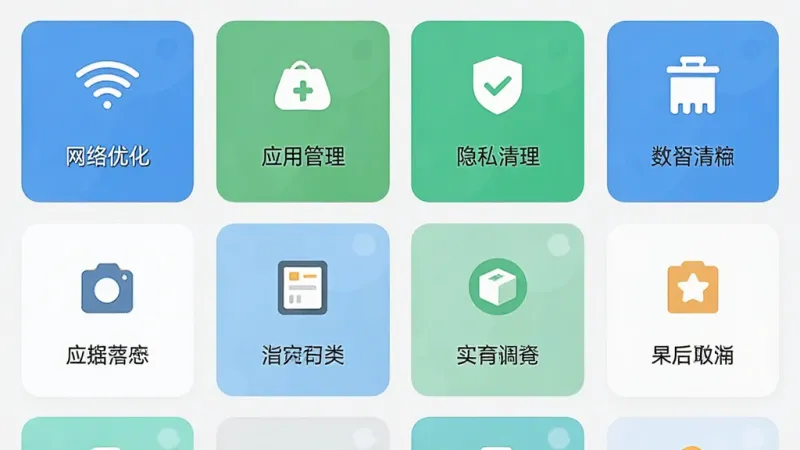 手机应用界面截图风格图片，主体是拓展助手的功能列表页，上面整齐排列着多个功能卡片，每个卡片有图标和名称，比如“网络优化”“应用管理”“隐私清理”等，界面采用卡片式布局，背景干净，颜色清新，扁平化设计，画质高清，无多余元素