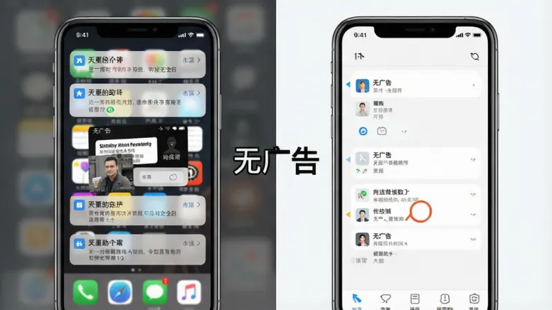 一张对比风格图片，左边是手机屏幕上有各种广告弹窗和推送通知的杂乱界面，右边是拓展助手干净整洁的界面，中间有明显的分割线，文字标注“无广告”，整体风格简洁明了，画质干净，无多余元素