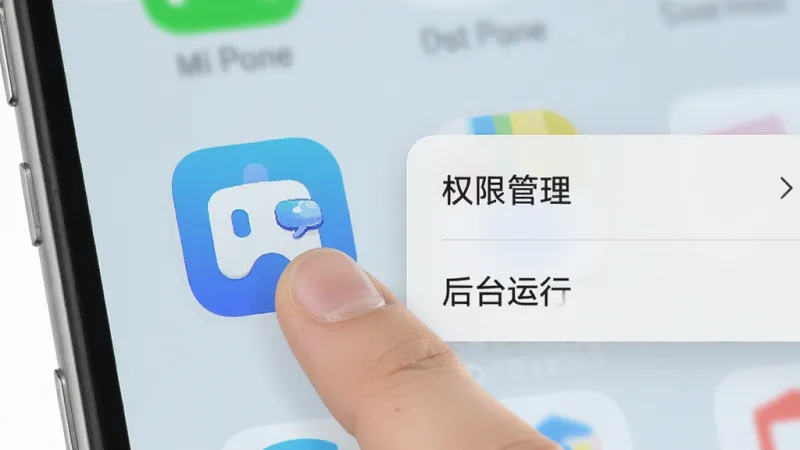 一张手机操作演示图，主体是拓展助手在手机桌面的图标，手指正在点击图标，旁边有设置菜单弹出，显示“权限管理”和“后台运行”选项，背景是简洁的桌面壁纸，风格清晰，画质干净，无多余元素
