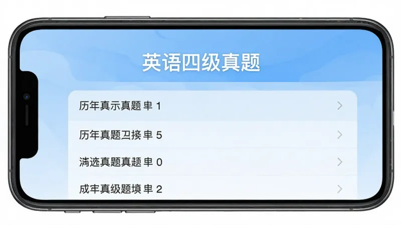 图片生成提示词：英语四级真题APP主界面，手机屏幕占据画面中央，显示“英语四级真题”蓝色标题，下方列出历年真题列表，背景为淡蓝色渐变，扁平化风格，排版整洁，画质干净无多余元素