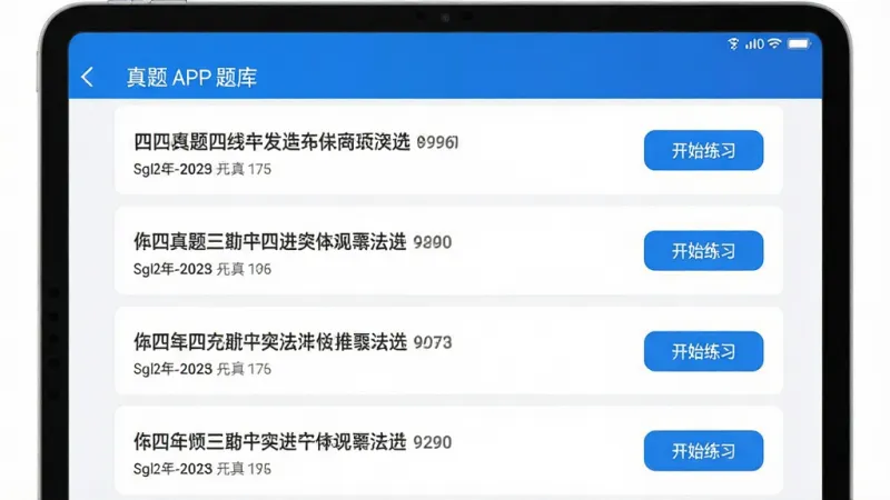 图片生成提示词：英语四级真题APP题库页面截图，平板上展示历年真题列表，每套卷子标题清晰，旁边有“开始练习”按钮，界面蓝白配色，简约现代，画质干净无多余元素
