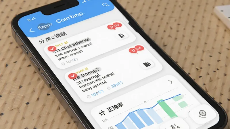 图片生成提示词：英语四级真题APP错题本界面，手机屏幕显示分类错题列表，有红色标记的错题卡片，底部统计正确率图表，整体风格清爽，图标圆润，画质干净无多余元素
