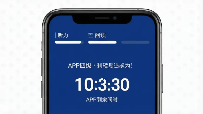 图片生成提示词：英语四级真题APP模拟考试倒计时界面，手机显示考试剩余时间，顶部有“听力”、“阅读”等考试板块进度条，背景为深蓝色，白色字体清晰，画质干净无多余元素