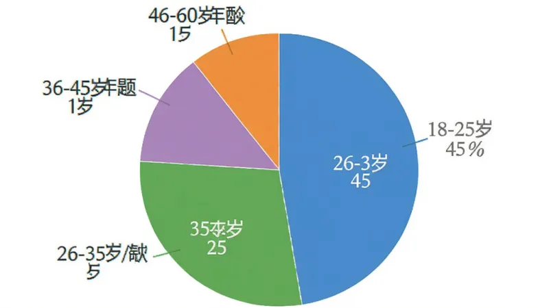 图片生成提示词：饼状图展示英语四级真题用户年龄分布，18-25岁占45%，26-35岁占30%，36-45岁占15%，46-60岁占10%，各色块用中文标注，背景白色，扁平化设计，画质干净无多余元素