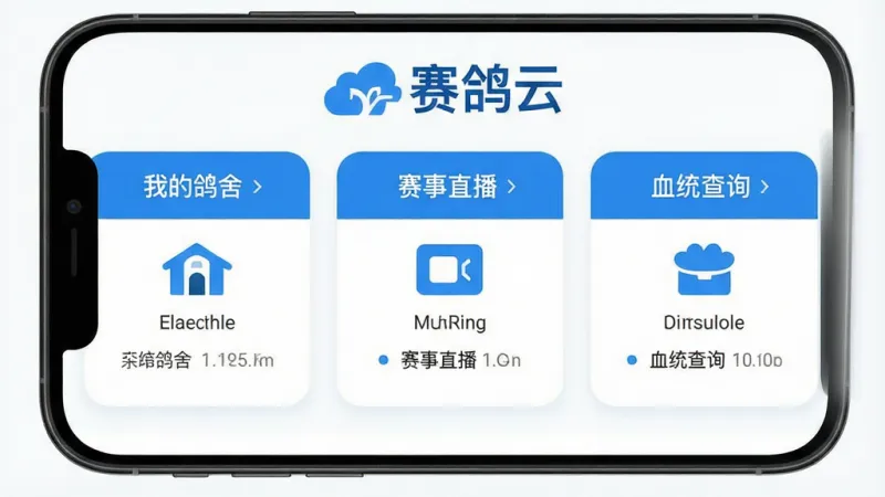 一张高清手机截图,展示“赛鸽云”APP的主界面,主体为蓝白配色的功能面板,布局清晰展示“我的鸽舍”、“赛事直播”、“血统查询”三大核心模块,排版整洁,风格现代扁平,细节圆润,画质干净无多余元素,屏幕上醒目显示“赛鸽云”LOGO。