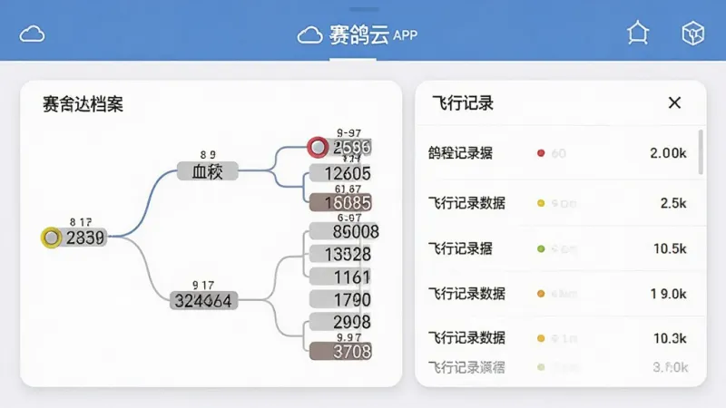 展示“赛鸽云”APP的鸽舍管理界面,主体为一只灰色信鸽的详细档案卡片,包含血统树状图、飞行记录数据列表,布局为上下结构,排版信息层级分明,风格写实结合扁平UI,细节包括环号、羽色、眼砂等文字标签,画质干净无多余元素。