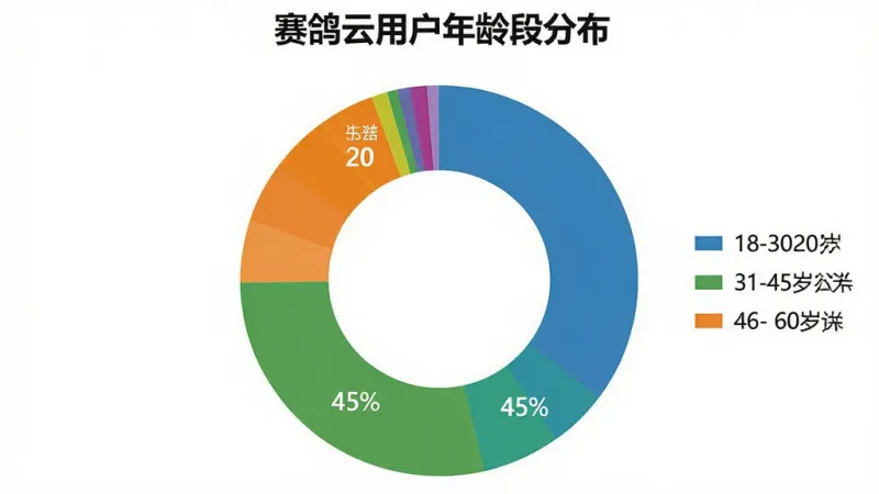 一张用户年龄分布饼状图,标题为“赛鸽云用户年龄段分布”,主体为彩色环形饼图,显示18-30岁占20%,31-45岁占45%,46-60岁占35%,布局居中,排版简洁清晰,风格商务扁平化,细节图例颜色分明,画质干净无多余元素。