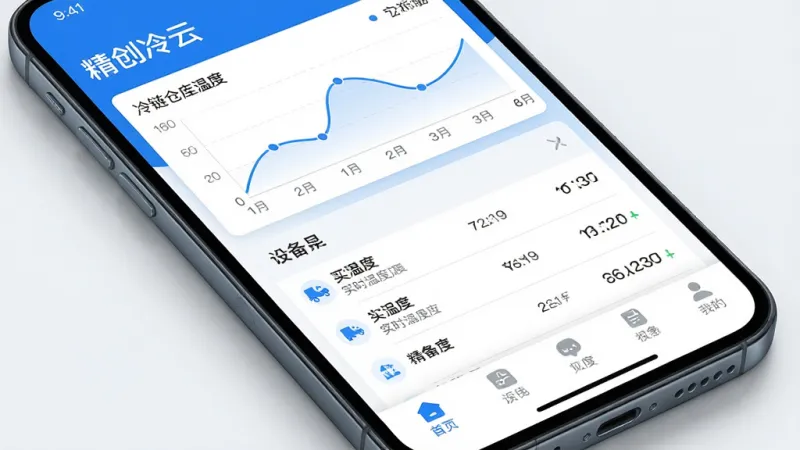 一张智能手机屏幕特写，屏幕中显示“精创冷云”App主界面，上方是冷链仓库温度曲线图，中间是设备列表和实时温度数据，底部有导航栏，整体风格现代简约，蓝白配色，界面干净无多余元素，画质高清，突出专业与科技感