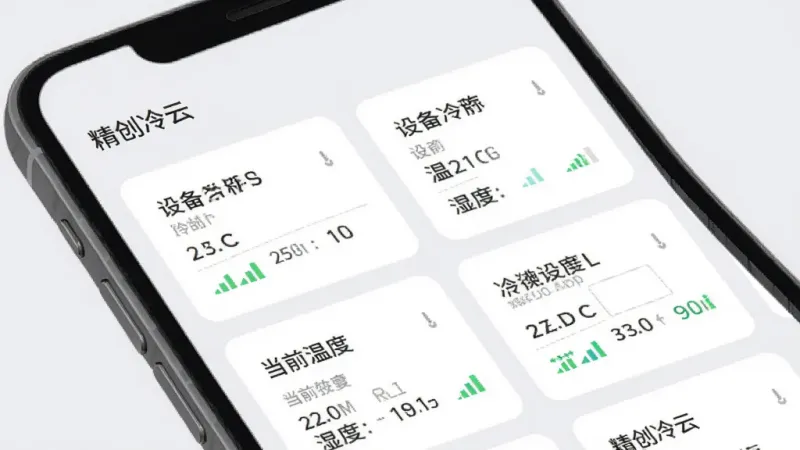 展示“精创冷云”App的设备列表界面，手机屏幕上显示多个冷链设备卡片，每个卡片标有设备名称、当前温度、湿度、信号强度，背景是浅灰色，界面简洁清晰，风格扁平化，画质干净，无多余文字