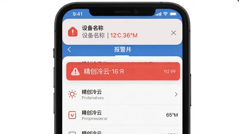 一张“精创冷云”报警通知的截图，手机顶部弹出报警横幅，显示设备名称和当前温度，背景是App报警记录页面，用红色突出报警状态，界面简洁，信息清晰，画质干净，风格写实