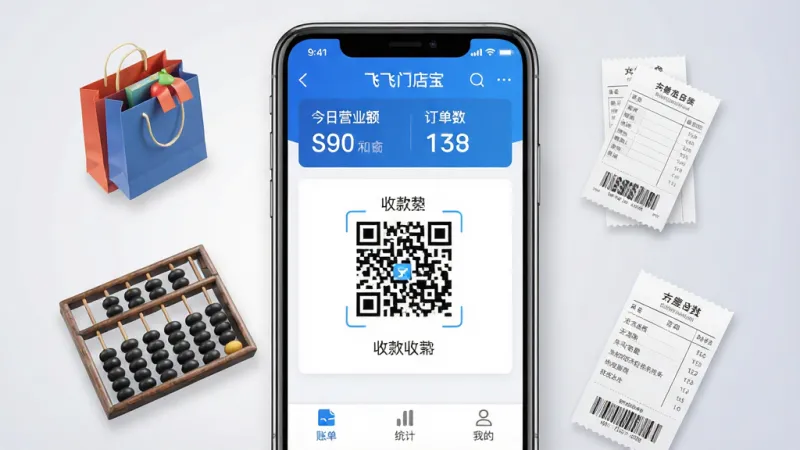 一张手机应用商店风格的宣传图,画面中央是一部智能手机,屏幕中显示“飞飞门店宝”APP的主界面,界面以蓝白为主色调,顶部显示今日营业额和订单数,中间有收款二维码,底部有清晰的账单、统计、我的三个菜单栏。周围点缀着若干商店元素如购物袋、算盘、账单票据,背景为柔和的浅灰色渐变。整体排版干净大气,强调专业与可靠感,画质高清,无多余文字。