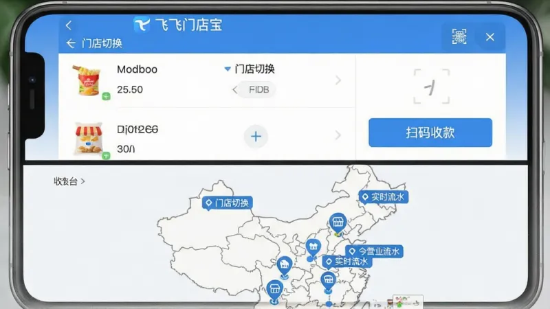 一张手机界面截图风格图片,展示“飞飞门店宝”的收银与多门店管理功能。画面分为上下两部分,上半部分是收银台界面,显示商品列表和“扫码收款”按钮,下半部分是一个简易的中国地图,上面分布着几个店铺图标并带有今日营业数据标签。整体风格扁平化,蓝白配色,界面文字清晰,标注有“门店切换”、“实时流水”等字样,画质干净明亮,无多余元素。