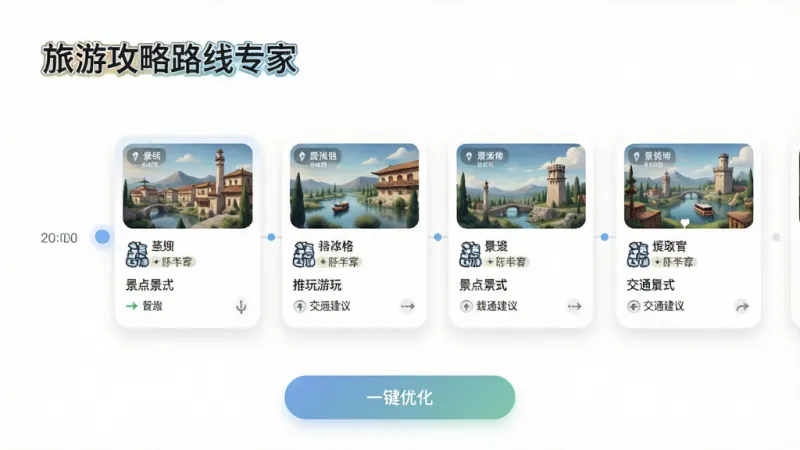 应用界面概念图，展示“旅游攻略路线专家”的智能规划结果页，顶部为目的地城市名，中部是时间轴样式的每日行程卡片，包含景点名称、推荐游玩时长和交通建议，底部有“一键优化”按钮，设计风格简洁现代，信息层级清晰，采用大量留白和圆角卡片，色彩淡雅，整体画质干净无多余元素。