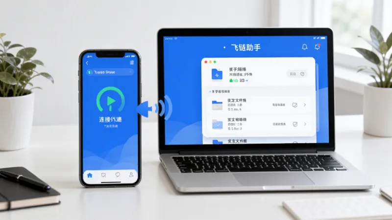 飞链助手主界面展示，手机和电脑无线连接，界面简洁现代，蓝白配色，中间显示连接状态和传输文件列表，背景为干净的工作台，画质干净无多余元素