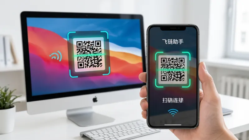 飞链助手扫码连接界面，手机屏幕显示扫描框对准电脑屏幕上的二维码，背景为办公桌面，界面明亮简洁，突出快速连接主题，画质干净无多余元素