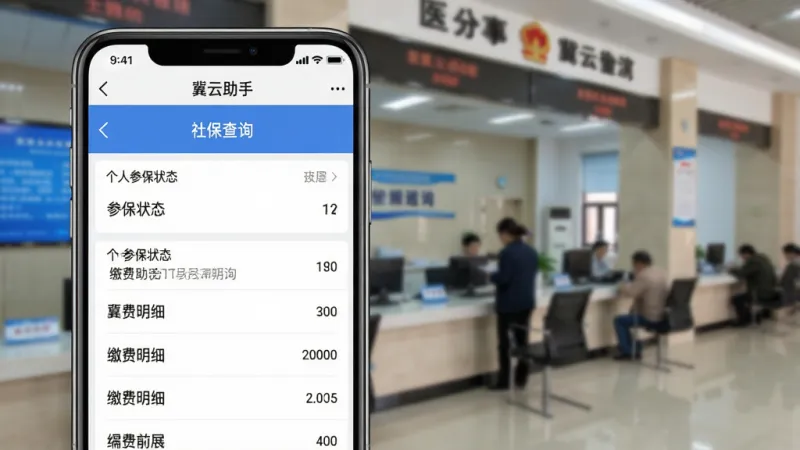 一张展示“冀云助手”办事功能流程的截图，手机屏幕内显示“社保查询”页面，包含个人参保状态、缴费明细等列表信息，背景虚化为办事大厅场景，整体界面信息层级分明，文字清晰，画质干净，风格写实。