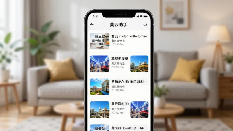 展示“冀云助手”资讯阅读界面的图片，手机屏幕占据主体，以列表形式呈现多条新闻标题和缩略图，界面风格干净清爽，配图色彩鲜明，背景是模糊的客厅环境，突出手机屏幕内容，画质高清，无多余元素。