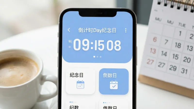 一张手机屏幕的特写，手机屏幕正面展示一款名为“倒计时Day纪念日”的安卓应用主界面，界面以简洁的白色和柔和的蓝色为主色调，顶部显示一个醒目的数字倒计时，下方是几个分类卡片如“纪念日”、“倒数日”，整体布局干净清晰，风格扁平现代，细节圆润，画质干净无多余元素，手机旁有一杯咖啡和日历作为点缀