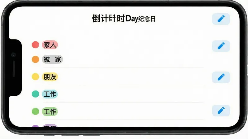 一张智能手机应用列表截图，屏幕显示“倒计时Day纪念日”应用内的事件分类页面，各种颜色的小圆点分别标注“家人”、“朋友”、“工作”等分类，每个分类下有几个事件名称，列表右侧有编辑按钮，整体界面简洁，以白色为底，彩色标签点缀，画质干净，排版整齐，无多余元素