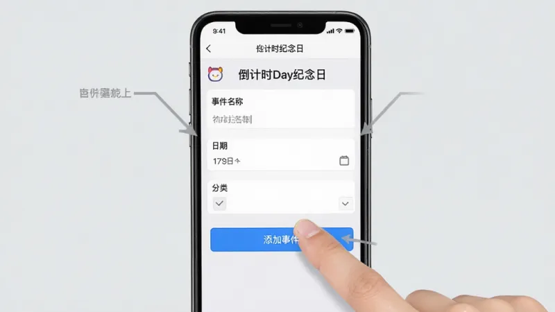 一张手机操作示意图，手指点击屏幕上的“添加事件”按钮，屏幕显示一个表单，有“事件名称”、“日期”、“分类”等字段，界面风格与“倒计时Day纪念日”应用一致，整体布局清晰，画质干净，背景为浅灰色，突出操作指引