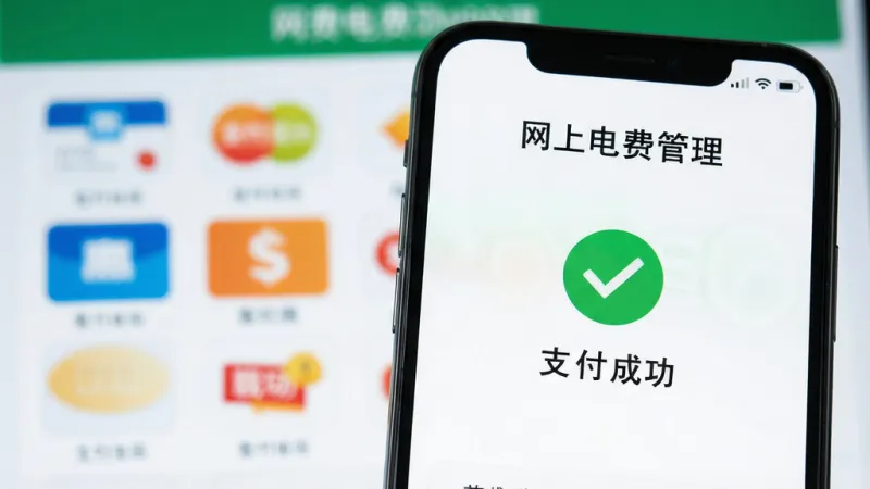 手机特写画面，屏幕上是“网上电费管理”的缴费成功界面，绿色对勾图标和“支付成功”字样，背景虚化，支付方式图标排列整齐，风格简洁明快，画质高清。