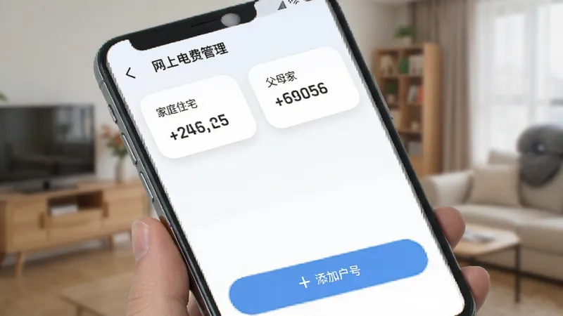 手机屏幕展示“网上电费管理”的户号列表页，上方显示两个电表户号卡片，分别标注“家庭住宅”和“父母家”，底部有“添加户号”按钮，界面清爽，卡片圆润，画质清晰。