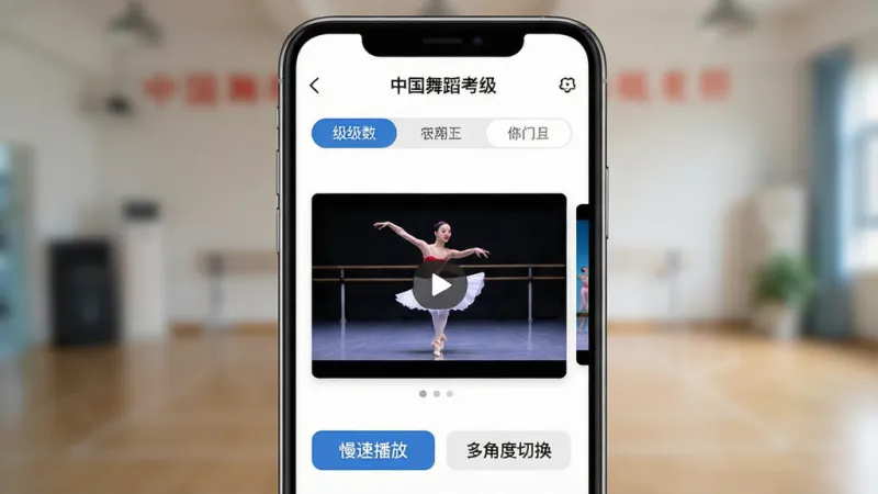 一张展示手机屏幕的图片，屏幕中显示“中国舞蹈考级”App的教材列表页，上方有级数选项卡，中间是舞蹈视频封面，下方有“慢速播放”和“多角度切换”按钮，背景虚化，整体风格简洁，画质干净，无多余元素。