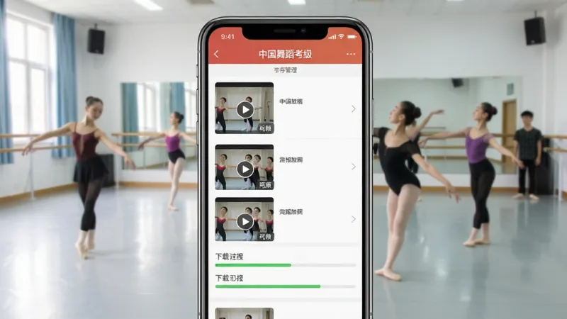 一张展示手机屏幕的图片，屏幕中显示“中国舞蹈考级”App的缓存管理页面，有视频列表和下载进度条，背景是舞蹈教室，有舞者在排练，整体风格简洁，画质干净，无多余元素。