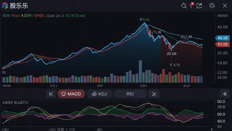 图片描述:一张“股乐乐”APP的股票分时走势截图,屏幕上方是分时价格曲线和成交量柱状图,下方有“MACD”、“KDJ”、“RSI”等技术指标切换按钮。界面以深色背景为主,曲线用亮蓝色和红色表示上涨下跌,数据标签清晰。整体风格专业清晰,画质锐利,无多余元素。
