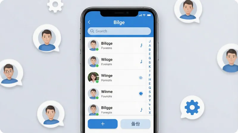 一张展示Bilge应用主界面的图片，画面中央是手机屏幕，屏幕内显示Bilge联系人管理界面，顶部有搜索栏，中间是联系人列表，右侧有字母索引，底部有添加和备份按钮，整体风格简洁清新，蓝白配色，手机周围散落着几个联系人头像图标和齿轮设置图标，背景是柔和的浅灰色，画质干净清晰，无多余元素