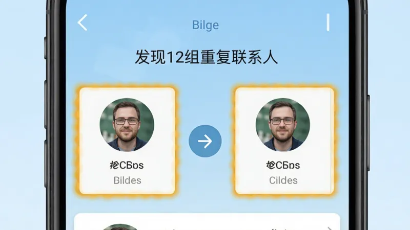 一部手机屏幕显示Bilge应用的联系人去重界面，画面中两个相同的联系人卡片被高亮标记，中间有一个合并箭头图标，屏幕上方显示“发现12组重复联系人”的文字，背景为浅蓝色渐变，风格扁平化，细节清晰，画质干净，无多余元素