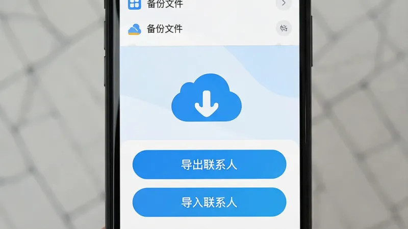 手机屏幕展示Bilge应用的备份与恢复界面，画面中央是一个云朵图标和向下箭头的下载符号，下方有“导出联系人”和“导入联系人”两个大按钮，屏幕顶部显示备份文件列表，背景为白色和淡蓝色拼接，风格简约现代，图标圆润，画质清晰，无多余元素