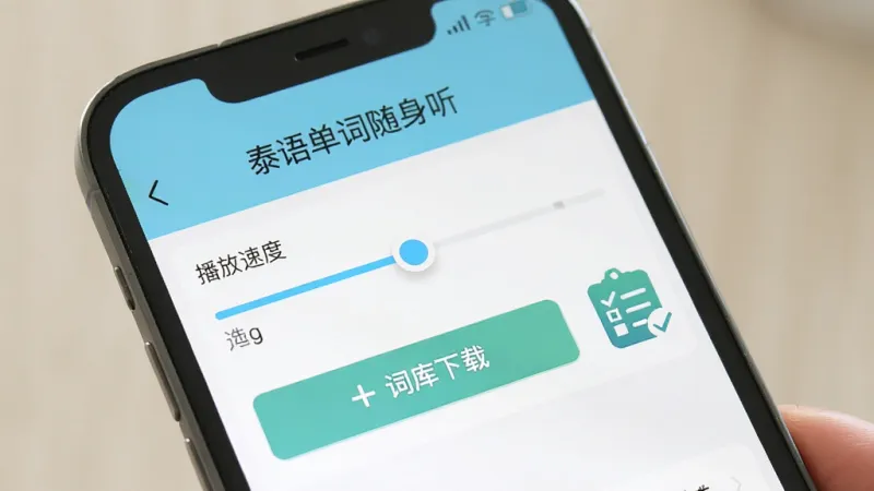 手机屏幕上显示“泰语单词随身听”的设置界面,有播放速度调节滑条和词库下载按钮,旁边有一个打勾的清单图标,风格简洁明快,画质清晰