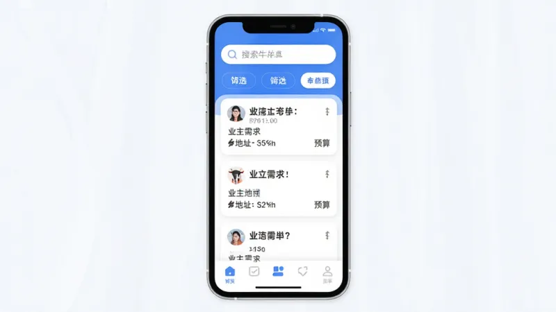 饰饰牛APP主界面展示，画面中央是手机屏幕，屏幕内显示装修接单列表，顶部有搜索框和筛选按钮，中间是订单卡片，卡片上有业主需求、地址、预算等信息，底部导航栏清晰，整体布局简洁，蓝白配色，风格现代扁平，细节圆润，画质干净无多余元素