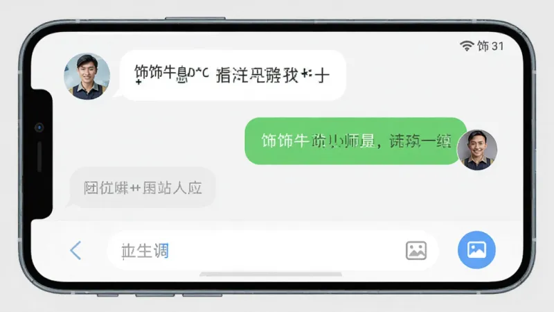 饰饰牛APP聊天沟通界面，手机屏幕显示对话气泡，左侧是业主头像和消息，右侧是师傅回复，底部有输入框和图片发送按钮，界面干净无广告，画质清晰