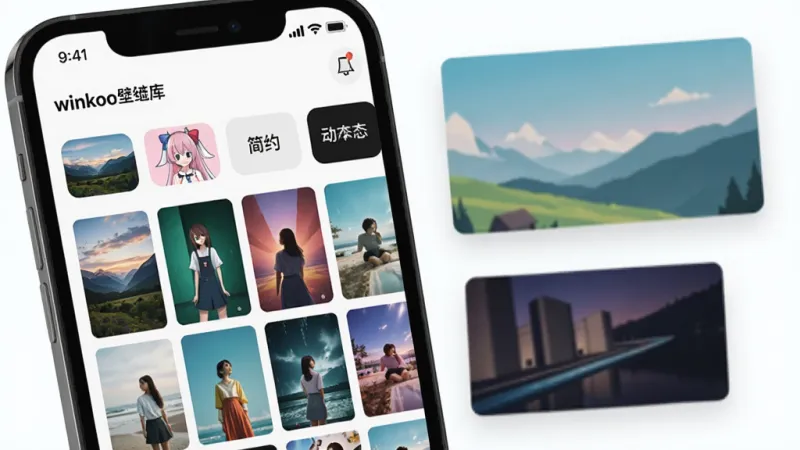 一张展示winkoo壁纸库界面的图片，画面中是一部手机屏幕特写，屏幕内显示着winkoo的壁纸分类页面，有风景、动漫、简约、动态等多个分类标签横向排列，下方是四列壁纸缩略图整齐排布，色彩丰富多样，手机旁边漂浮着几张放大的壁纸预览卡片，整体风格干净清爽，扁平化UI设计，光线明亮，画质清晰