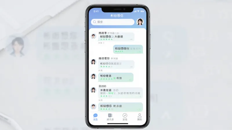 彬纷想你 应用主界面截图，画面中央展示手机屏幕，屏幕内是彬纷想你APP的聊天列表界面，顶部有搜索栏和用户头像，中间是简洁的对话气泡列表，底部为消息、通讯录、发现、我的四个标签栏，整体配色以柔和的蓝白色调为主，风格现代清爽，布局干净整洁，文字清晰可辨，画质高清，无多余杂物。